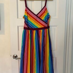 Modcloth Harkel New Rainbow Stripe Midi Dress with Burgundy Trim Organic
